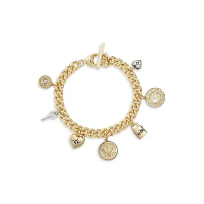 Two-Tone and Crystal Signature Charm Curb Chain Bracelet