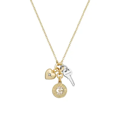 Two-Tone & Crystal Signature 3-Charm Pendant Necklace