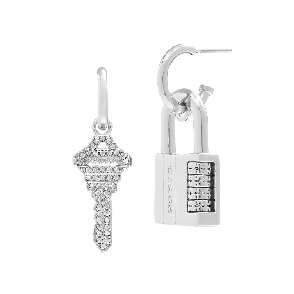 Silvertone, Clear Stone Signature Lock and Key Charm Huggie Hoop Earrings