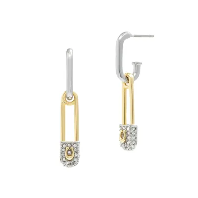 Two-Tone and Crystal Signature Pin Charm Huggie Earrings