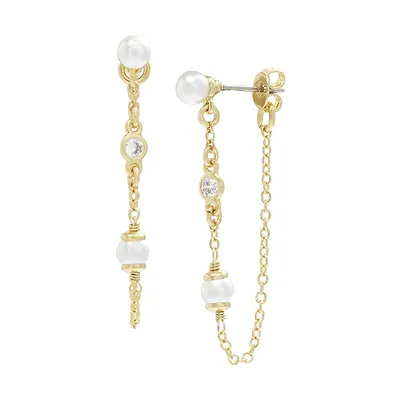 Goldtone, Faux Pearl and Cubic Zirconia Swag Chain Earrings
