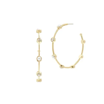 Goldtone, Faux Pearl and Crystal Hoop Earrings
