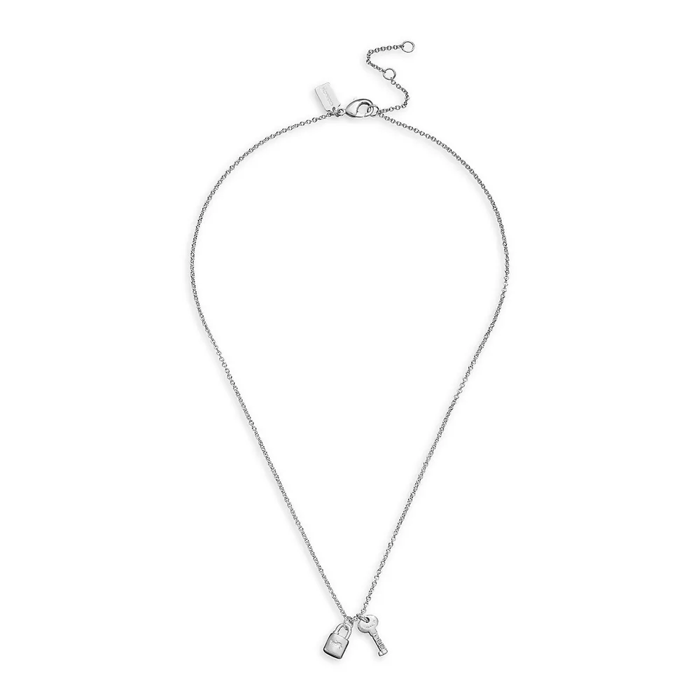 Rhodium-Plated and Glass Crystal Signature Lock and Key Charm Pendant Necklace