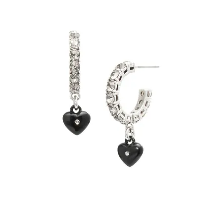 Rhodium-Plated, Resin and Glass Crystal Heart Charm Tennis Huggie Earrings