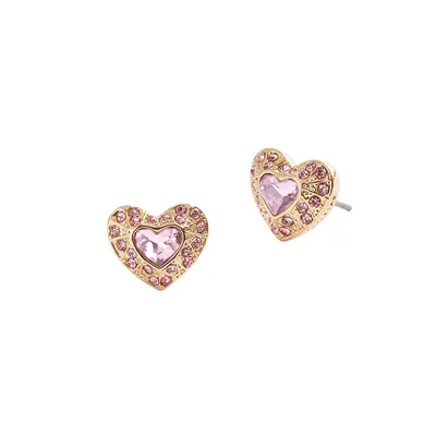 Goldtone & Crystal Heart Stud Earrings
