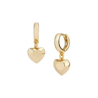 Goldtone Faceted Heart Charm Huggie Earrings