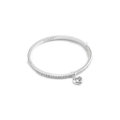 Silvertone & Crystal Heart Charm Bangle Bracelet