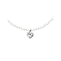 Silvertone, Faux Pearl & Crystal Heart Pendant Choker Necklace