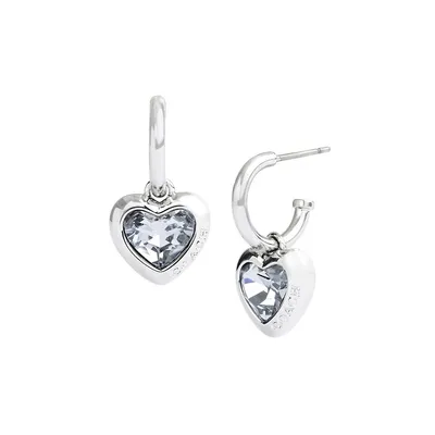 Silvertone & Crystal Heart Charm Huggie Earrings