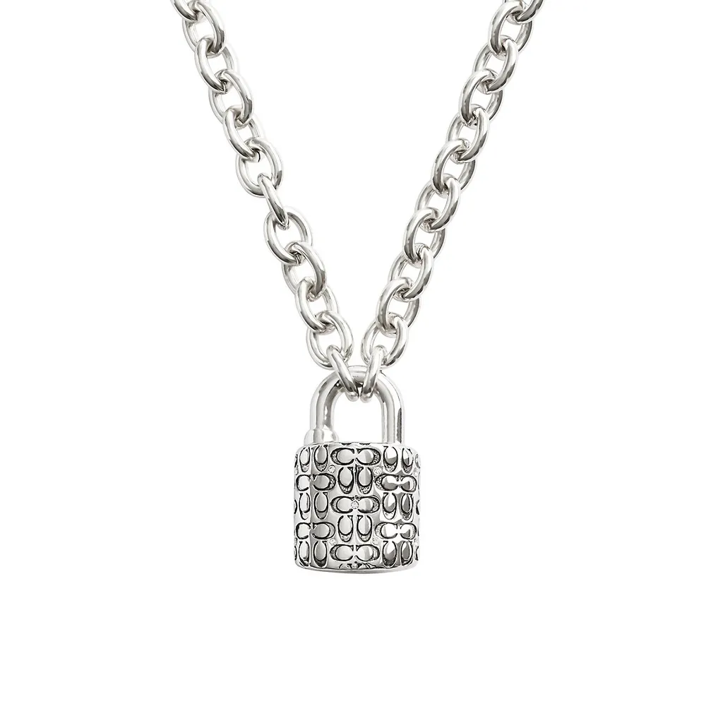 Silvertone & Crystal Signature Quilted Padlock Pendant Necklace