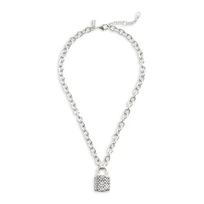 Silvertone & Crystal Signature Quilted Padlock Pendant Necklace