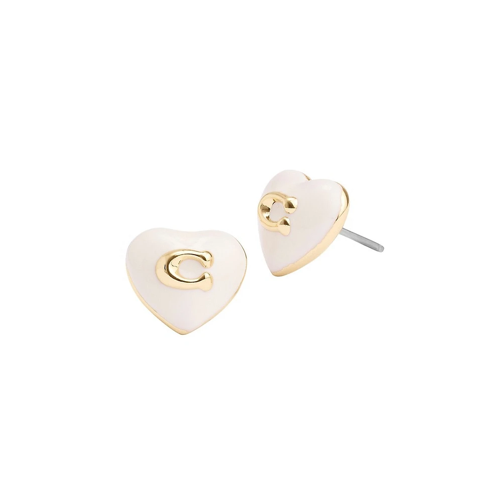 Goldtone & Enamel Signature C Heart Stud Earrings