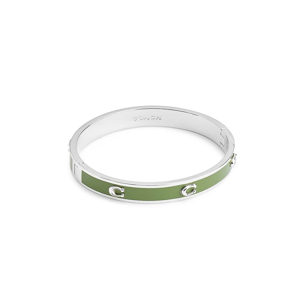 Signature C Rhodium-Plated & Green Enamel Bangle Bracelet