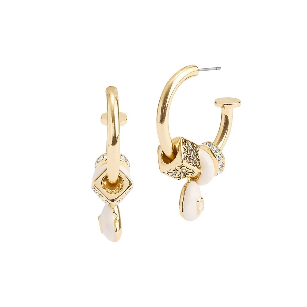 Goldtone, Enamel & Crystal Signature C Heart Charm Hoop Earrings