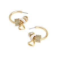 Goldtone, Enamel & Crystal Signature C Heart Charm Hoop Earrings