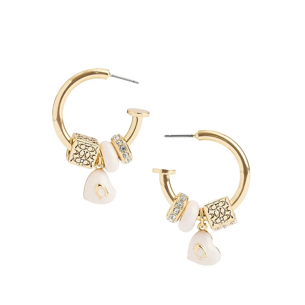 Goldtone, Enamel & Crystal Signature C Heart Charm Hoop Earrings