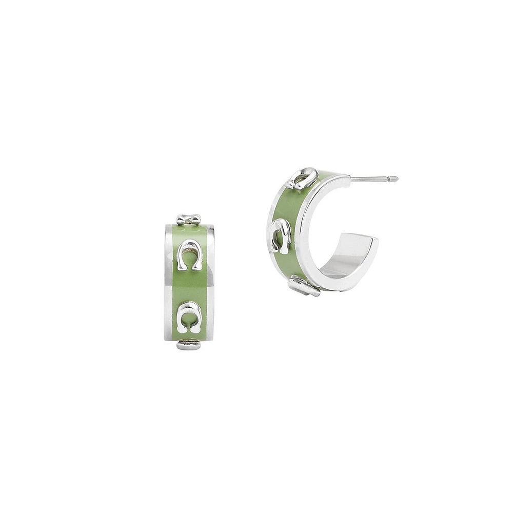 Signature C Rhodium-Plated & Green Enamel Huggie Hoop Earrings