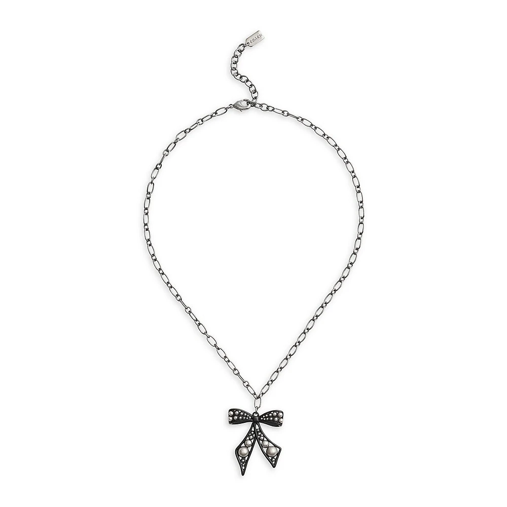 Gray-Tone & Faux Pearl Bowtique Pendant Necklace