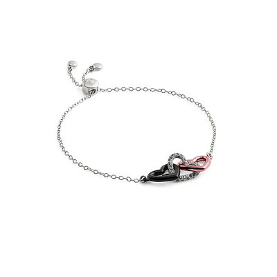 Rhodium-Plated & Glass Crystal Signature Linked Hearts Bolo Bracelet