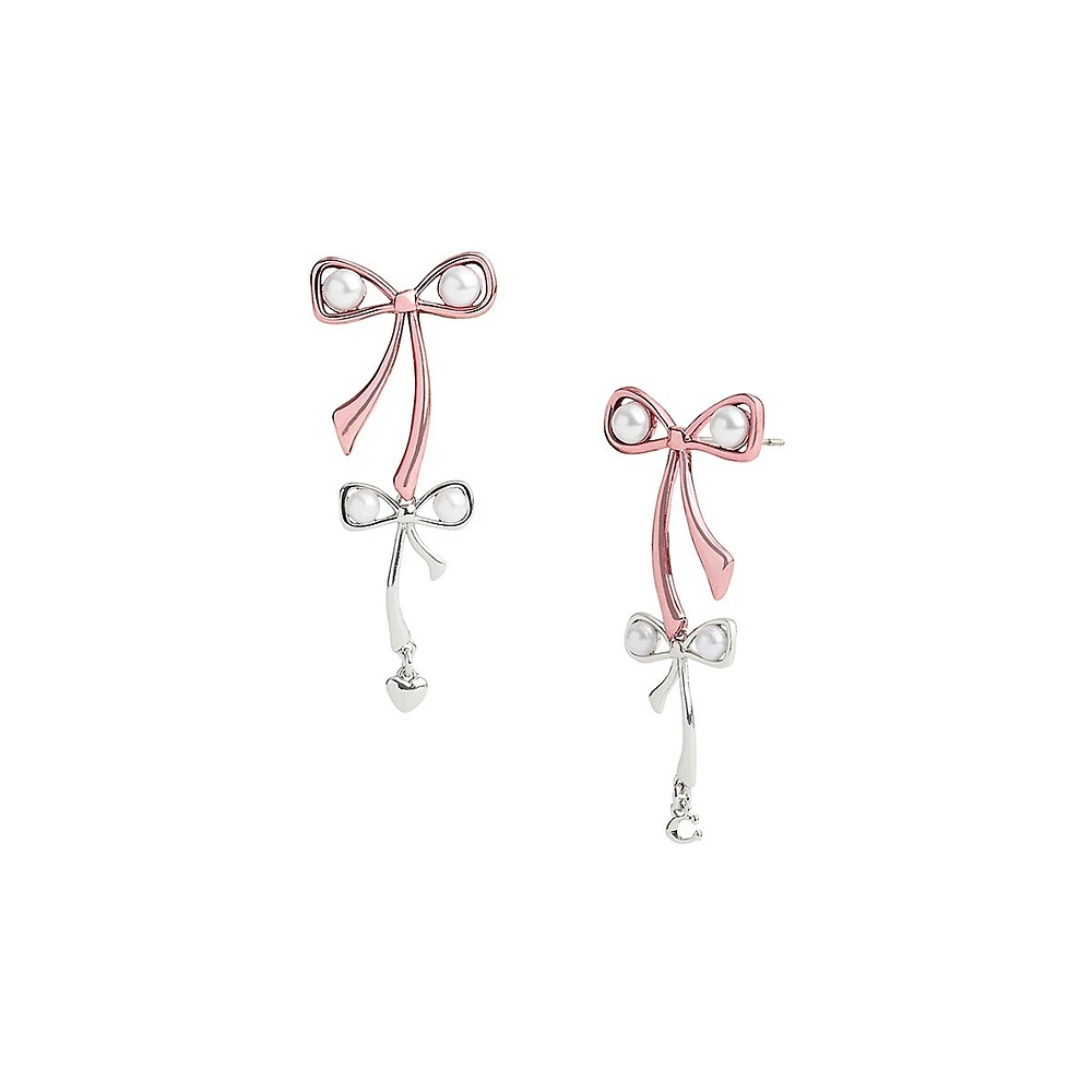 Rhodium-Finish & Faux Pearl Signature Bowtique Double-Drop Earrings