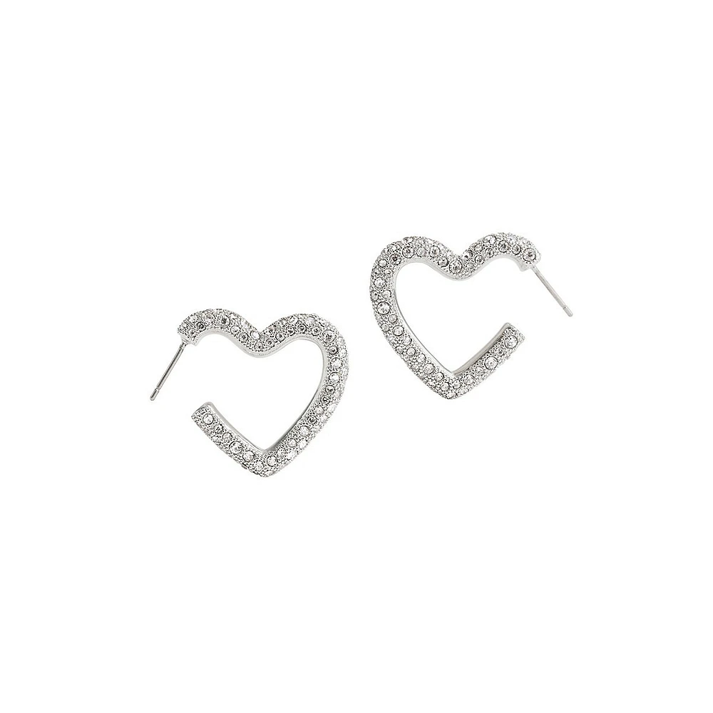 Rhodium-Plated & Glass Crystal Pavé Heart Hoop Earrings