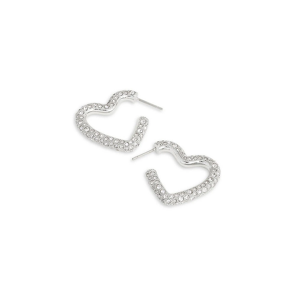 Rhodium-Plated & Glass Crystal Pavé Heart Hoop Earrings