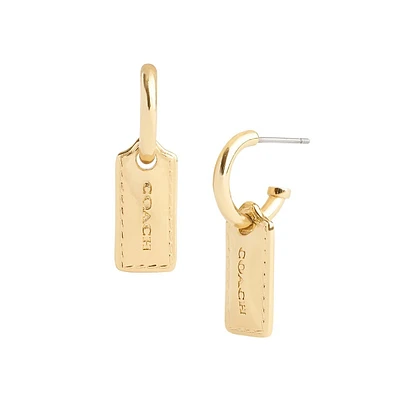 Goldtone Stitched-Hangtag Huggie Hoop Drop Earrings