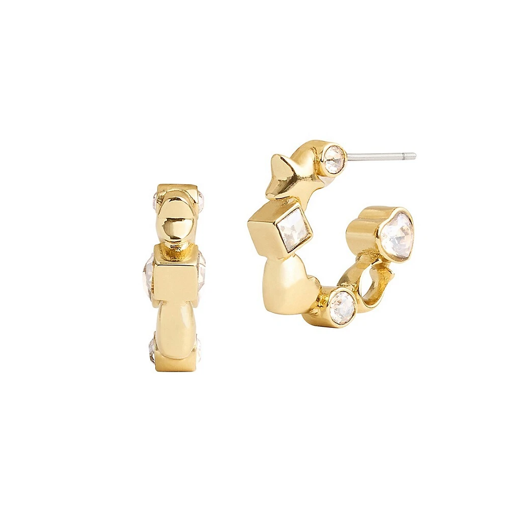 Goldtone & Glass Crystal Signature C, Star & Heart Huggie Hoop Earrings