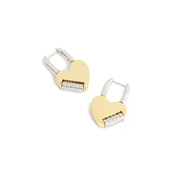 Two-Tone & Crystal Signature Heart Padlock Drop Earrings