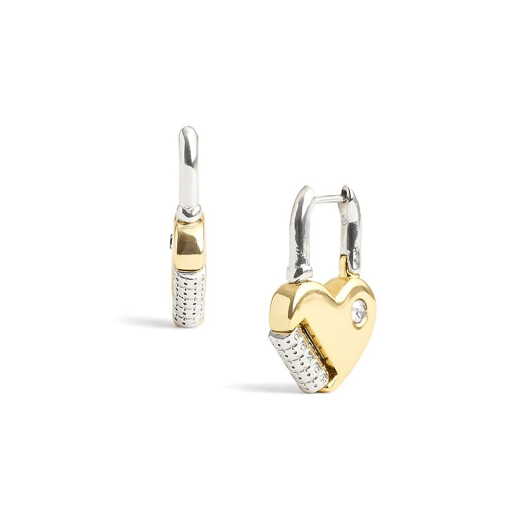 Two-Tone & Crystal Signature Heart Padlock Drop Earrings