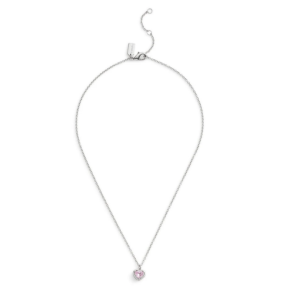 Halo Stone Rhodium-Finish & Pink Glass Stone Heart Pendant Necklace