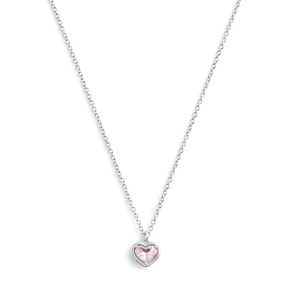 Halo Stone Rhodium-Finish & Pink Glass Stone Heart Pendant Necklace