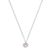 Halo Stone Rhodium-Finish & Pink Glass Stone Heart Pendant Necklace