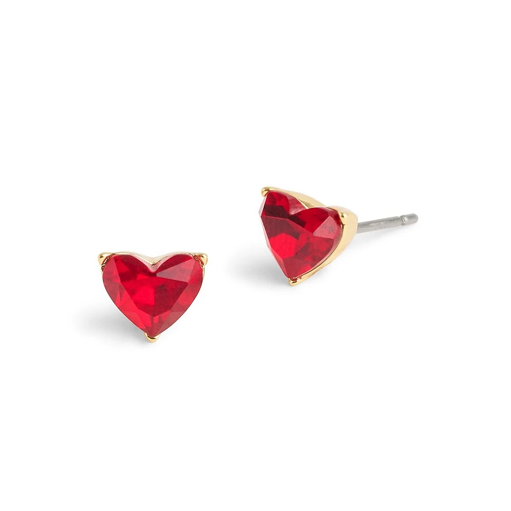 Halo Heart Goldtone & Red Glass Stone Convertible Stud Earrings