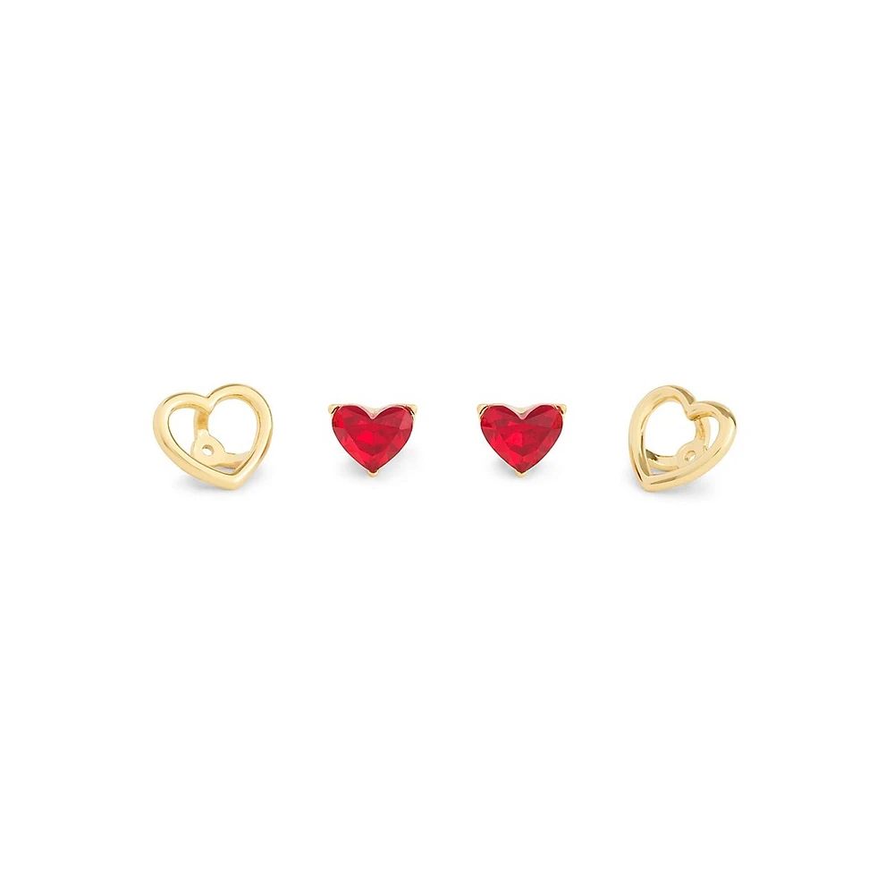 Halo Heart Goldtone & Red Glass Stone Convertible Stud Earrings