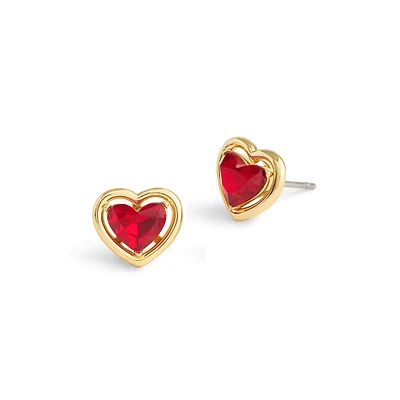 Halo Heart Goldtone & Red Glass Stone Convertible Stud Earrings