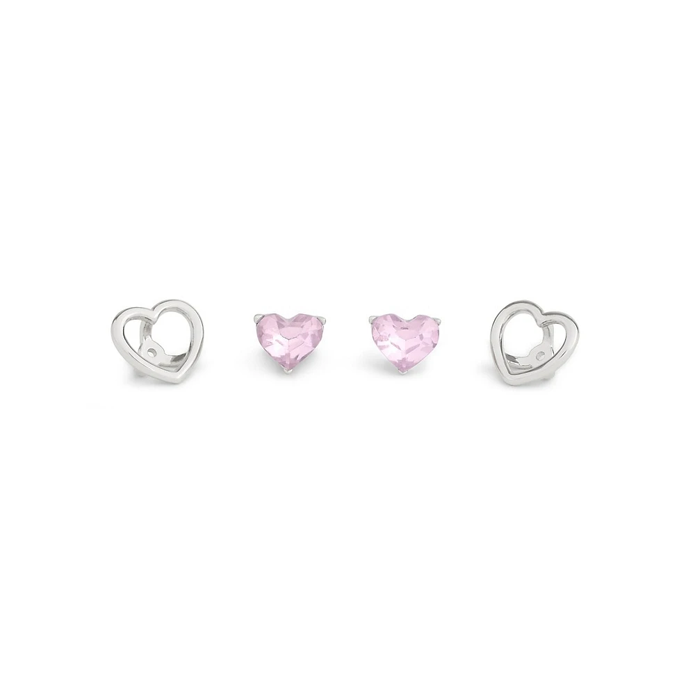 Halo Heart Rhodium-Finish & Pink Glass Stone Convertible Stud Earrings