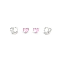 Halo Heart Rhodium-Finish & Pink Glass Stone Convertible Stud Earrings