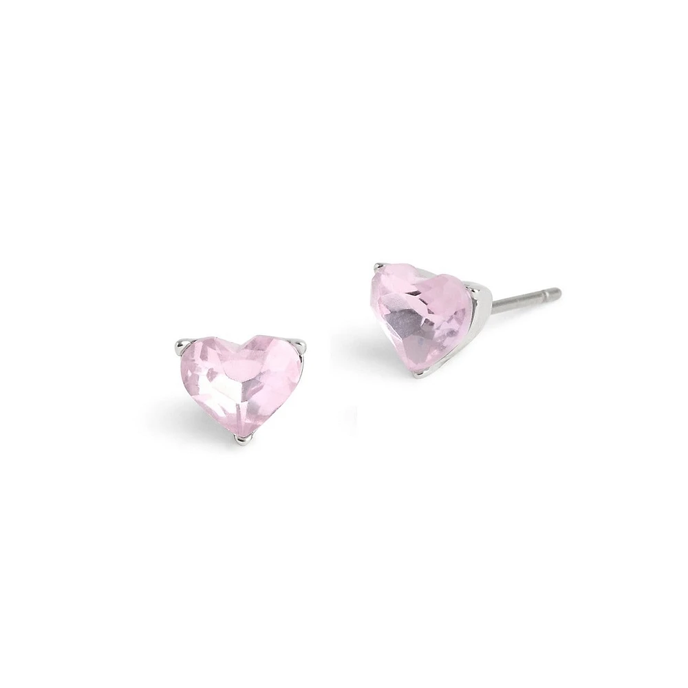 Halo Heart Rhodium-Finish & Pink Glass Stone Convertible Stud Earrings