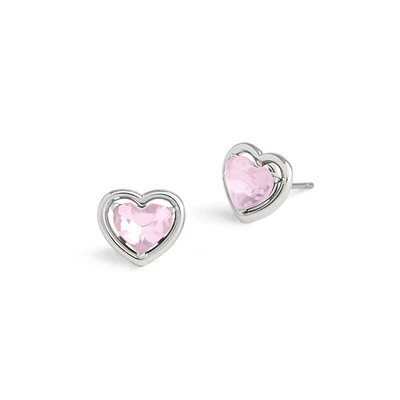 Halo Heart Rhodium-Finish & Pink Glass Stone Convertible Stud Earrings