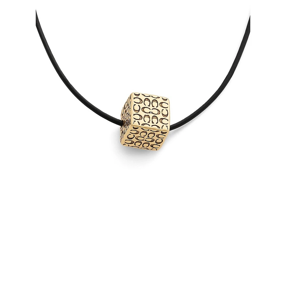 Collier en cuir avec pendentif cube matelassé doré Signature