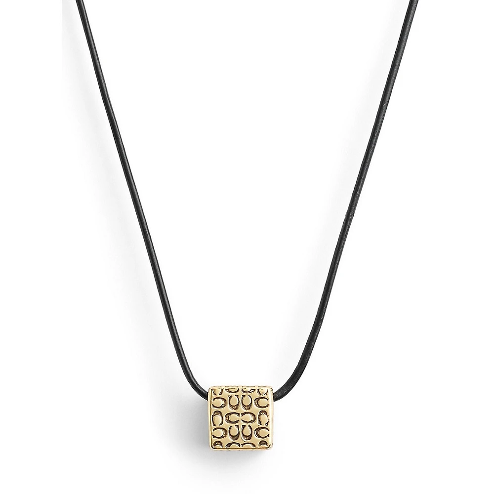 Collier en cuir avec pendentif cube matelassé doré Signature