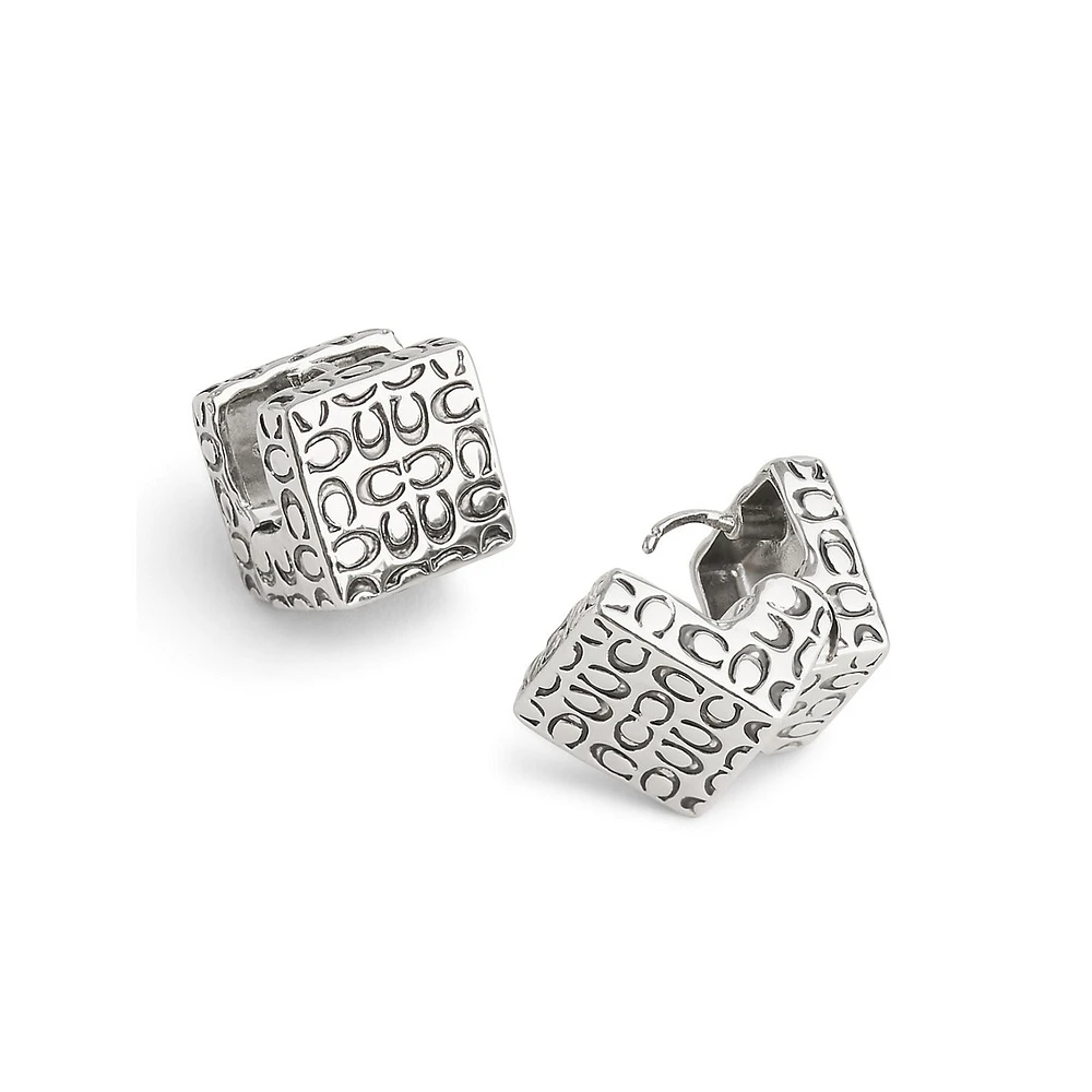 Signature Quilted Rhodium-Finish Cube Huggie Earrings