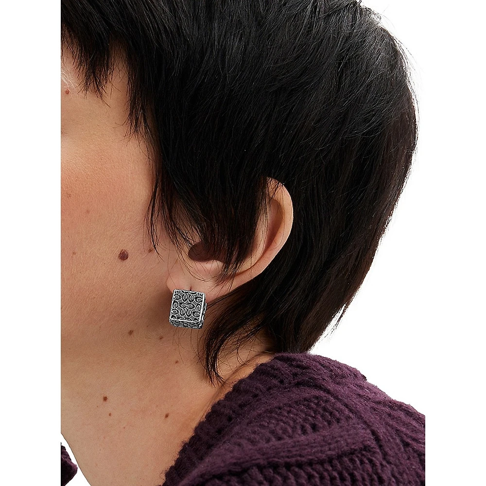 Signature Quilted Rhodium-Finish Cube Huggie Earrings