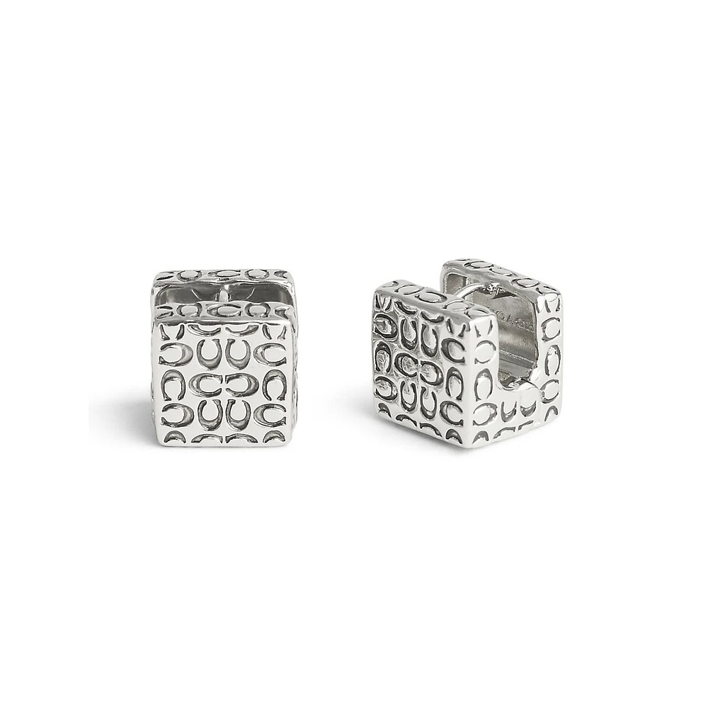 Signature Quilted Rhodium-Finish Cube Huggie Earrings