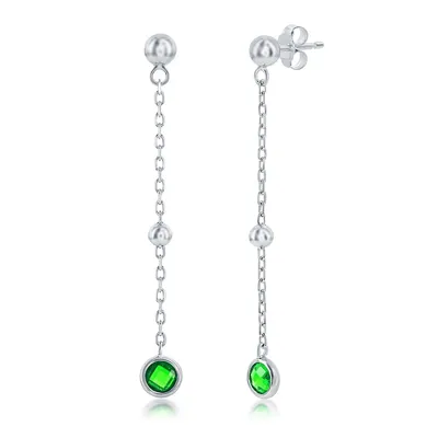Sterling Silver Bezel-set Cz Bead Chain Earrings (white, Green, Blue Or Red)