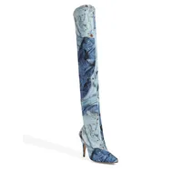 Denim-Print Over-The-Knee Stilleto Boots