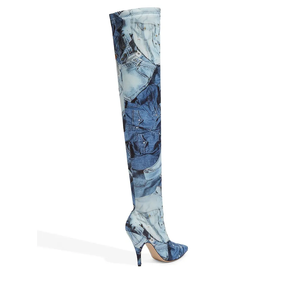 Denim-Print Over-The-Knee Stilleto Boots