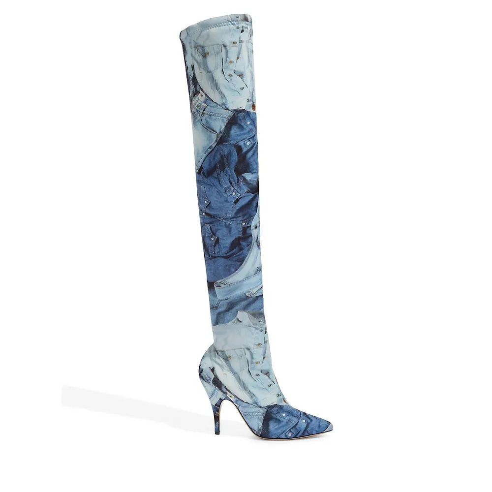 Denim-Print Over-The-Knee Stilleto Boots