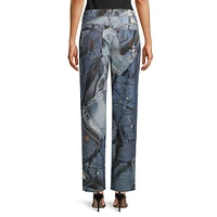 Straight-Leg Denim-Print Jeans